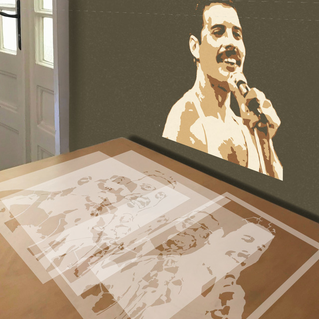 Freddie Mercury stencil in 4 layers, simulated painting