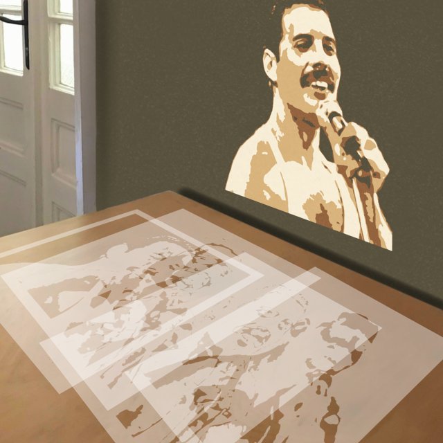 Freddie Mercury stencil in 4 layers, simulated painting