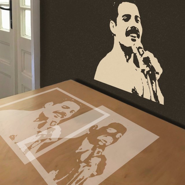 Freddie Mercury stencil in 2 layers, simulated painting