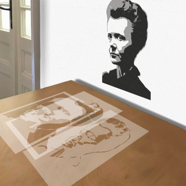 Marie Curie stencil in 3 layers, simulated painting
