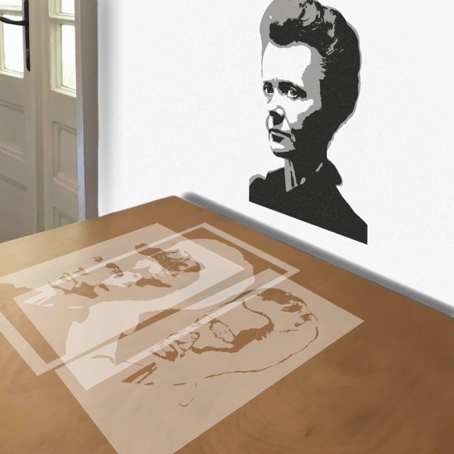 Marie Curie stencil in 3 layers, simulated painting