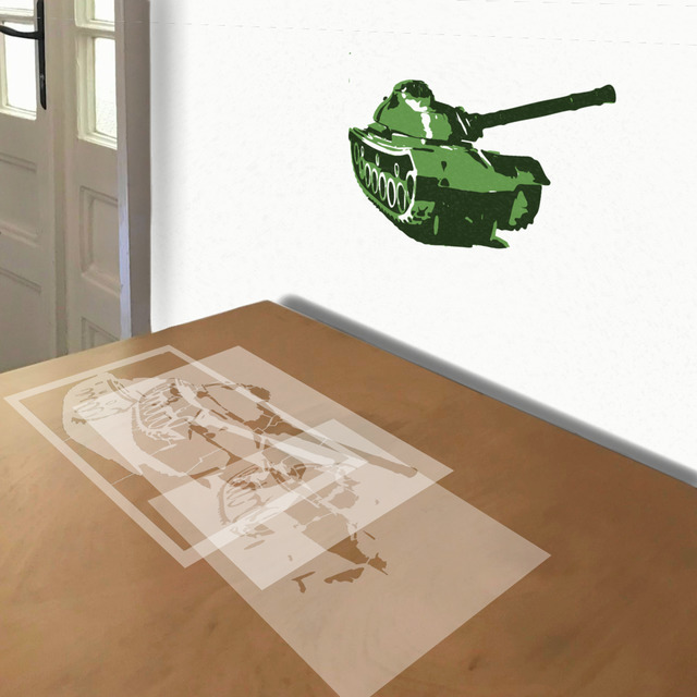 Green Army Tank stencil in 3 layers, simulated painting