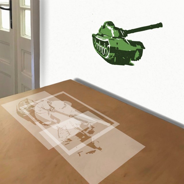 Green Army Tank stencil in 3 layers, simulated painting