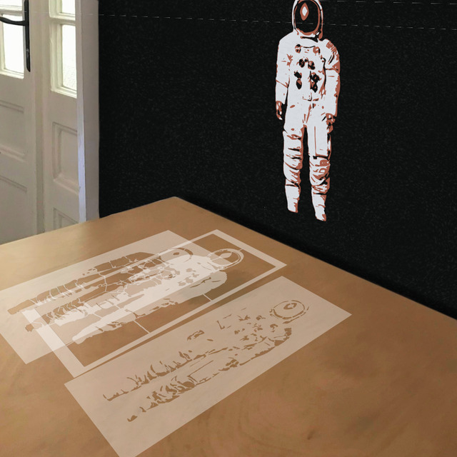 Spacesuit stencil in 3 layers, simulated painting