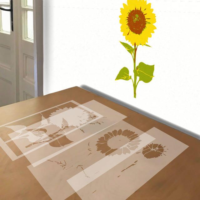 Sunflower stencil in 4 layers, simulated painting