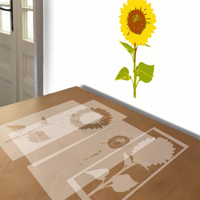 Sunflower stencil in 4 layers, simulated painting