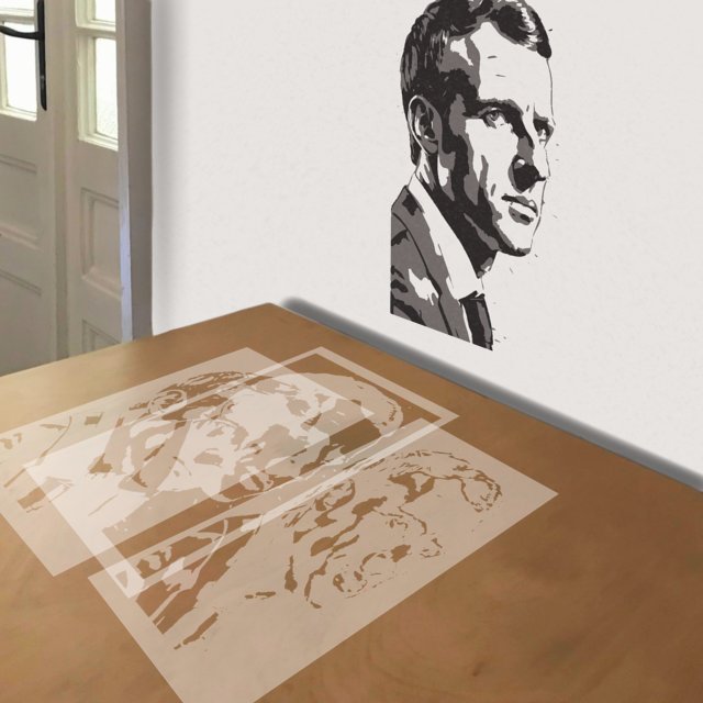 Emmanuel Macron stencil in 3 layers, simulated painting