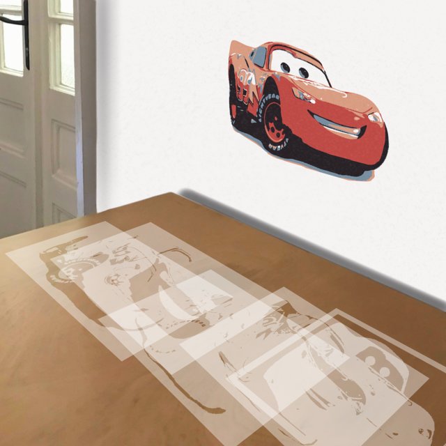 Lightning McQueen stencil in 5 layers, simulated painting