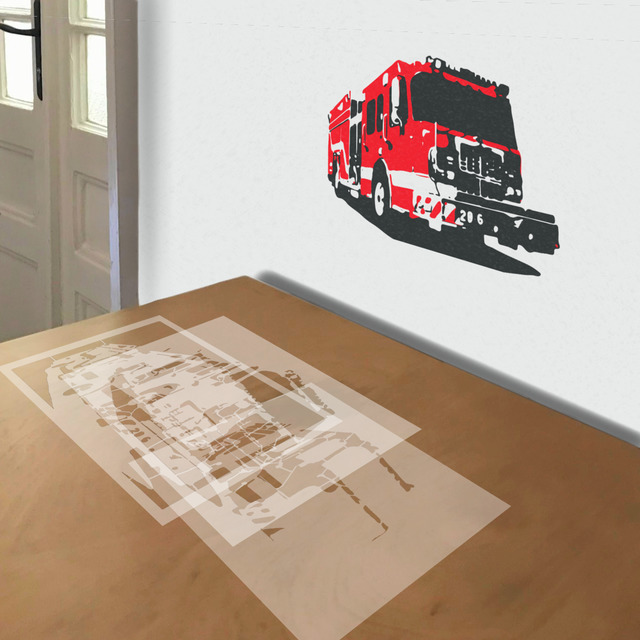 Simulated painting of stencil of Fire Truck