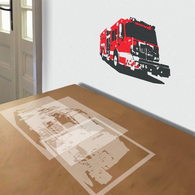 Fire Truck stencil in 3 layers, simulated painting