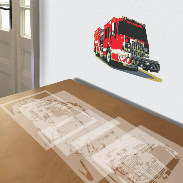 Fire Truck stencil in 5 layers, simulated painting