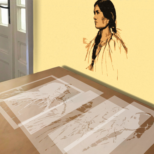 Sacagawea stencil in 5 layers, simulated painting