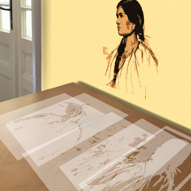 Sacagawea stencil in 5 layers, simulated painting