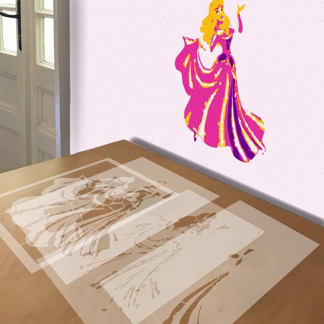 Princess Aurora stencil in 4 layers, simulated painting