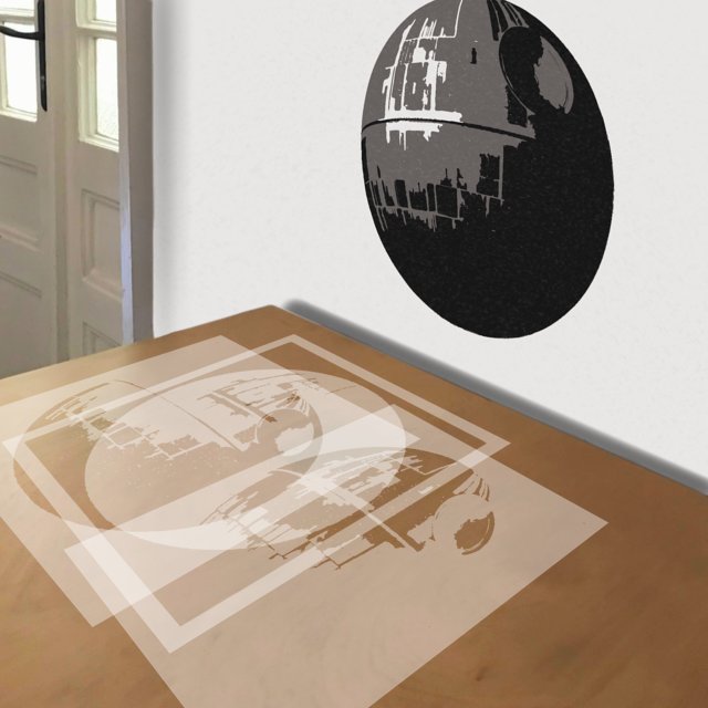 Death Star stencil in 3 layers, simulated painting