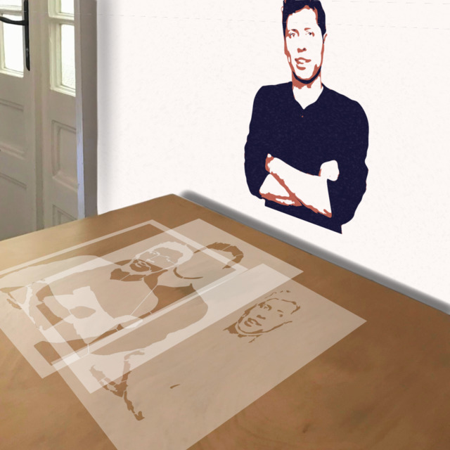 Sam Altman stencil in 3 layers, simulated painting