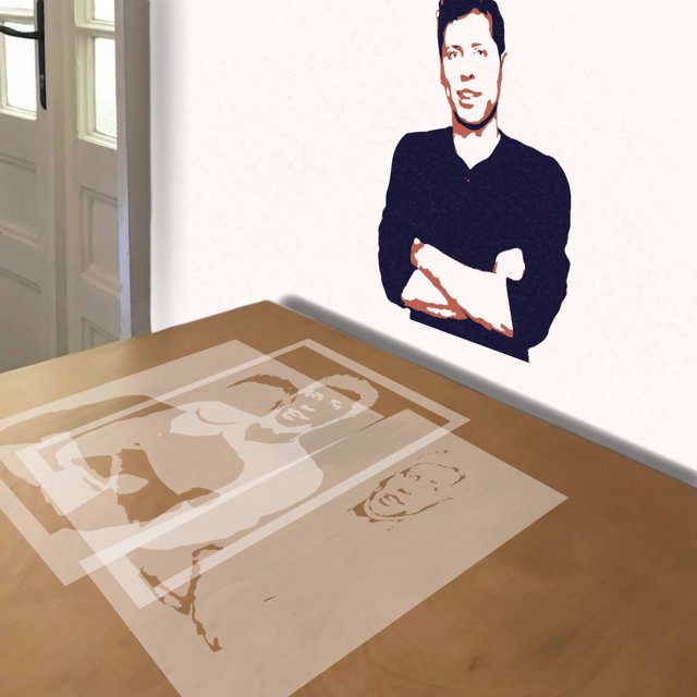 Sam Altman stencil in 3 layers, simulated painting