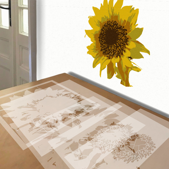 Sunflower in Colors stencil in 5 layers, simulated painting