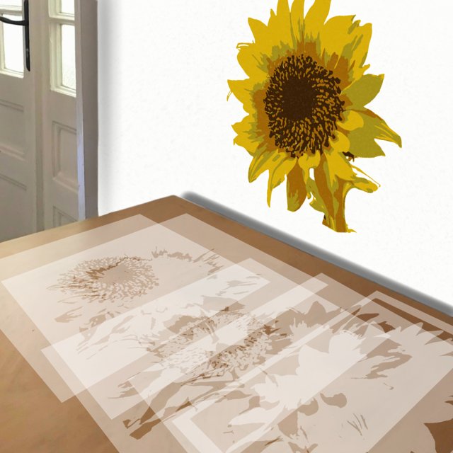 Sunflower in Colors stencil in 5 layers, simulated painting