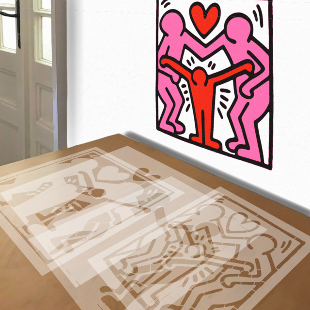 Family by Keith Haring stencil in 4 layers, simulated painting