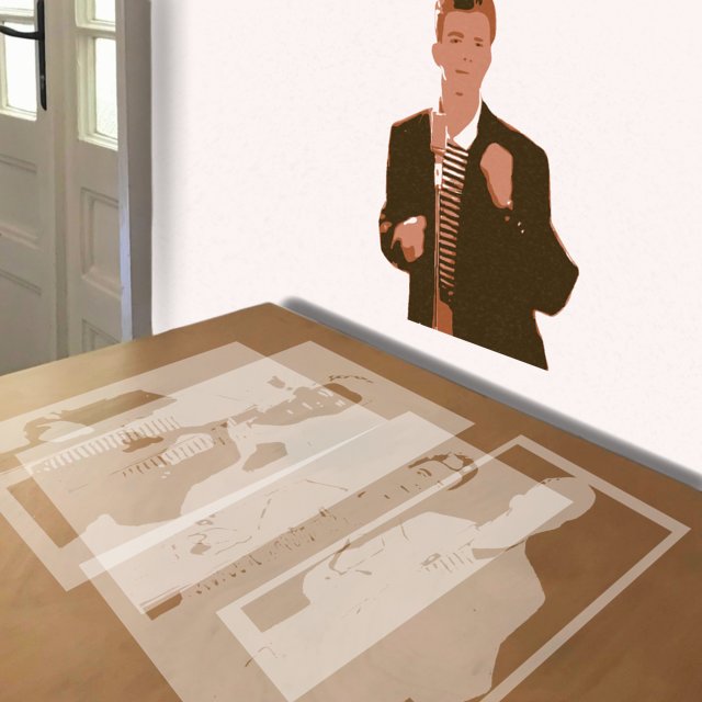 Rick Astley stencil in 4 layers, simulated painting