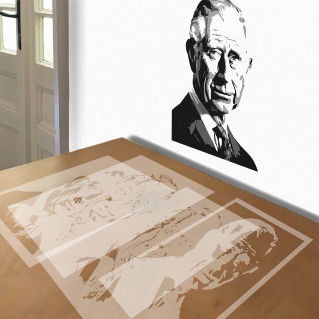 King Charles III stencil in 4 layers, simulated painting