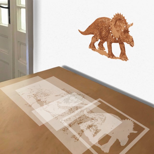 Triceratops stencil in 4 layers, simulated painting