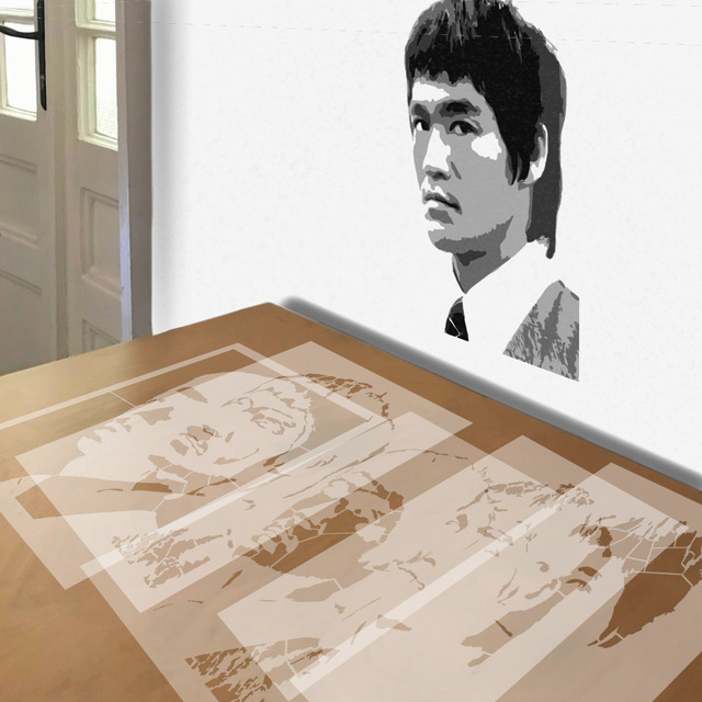 Bruce Lee stencil in 5 layers, simulated painting