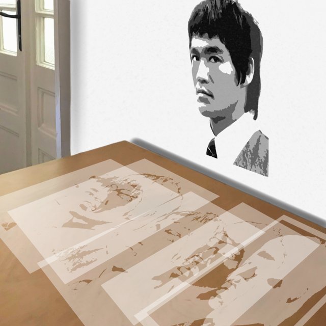 Bruce Lee stencil in 5 layers, simulated painting