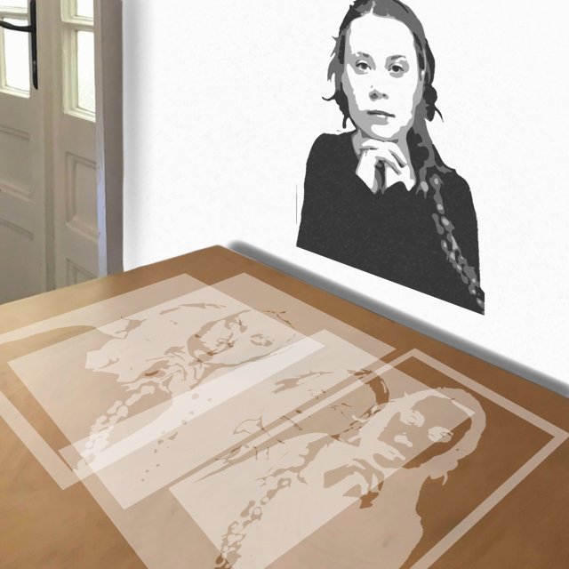 Greta Thunberg stencil in 4 layers, simulated painting