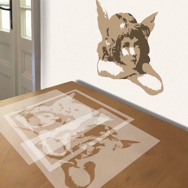 Cherub with Long Hair stencil in 3 layers, simulated painting