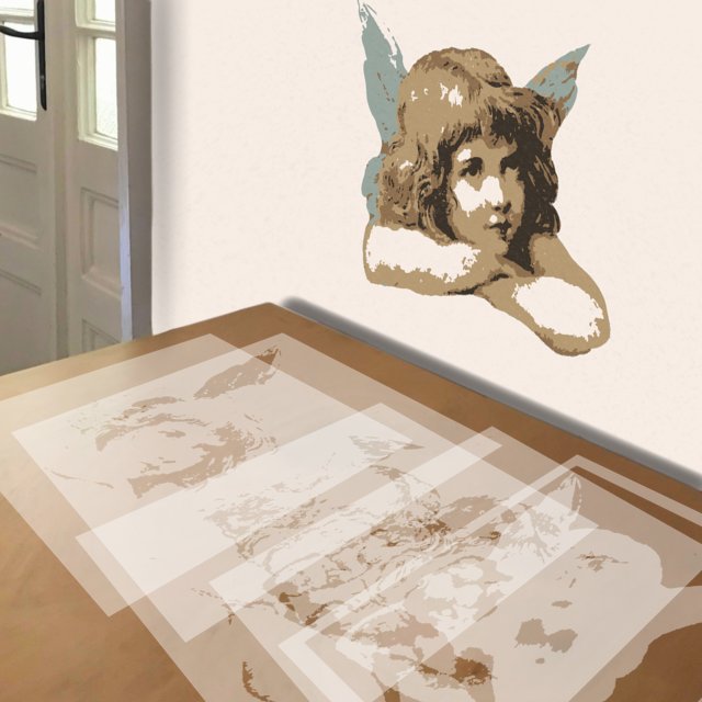 Cherub with Long Hair stencil in 5 layers, simulated painting