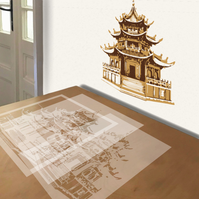 Buddhist Temple stencil in 3 layers, simulated painting