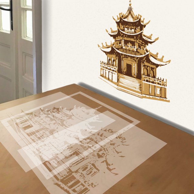 Buddhist Temple stencil in 3 layers, simulated painting