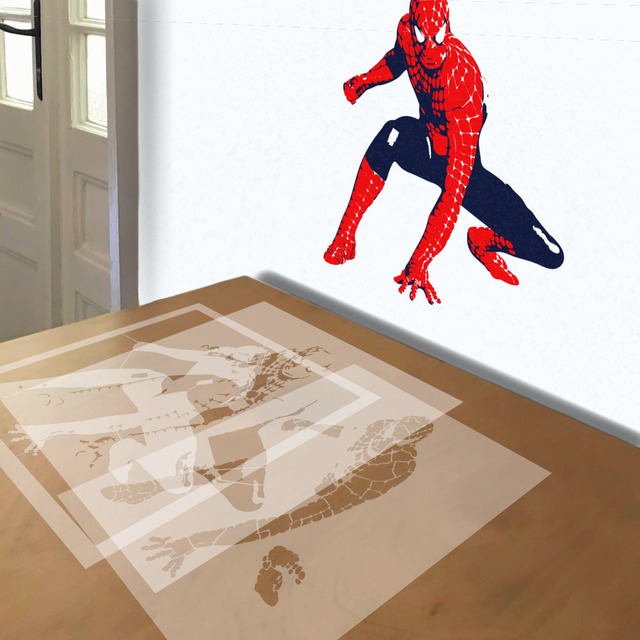 Simulated painting of stencil of Spider-Man Crouching