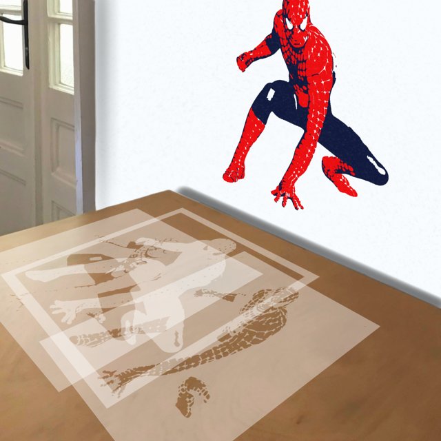 Spider-Man Crouching stencil in 3 layers, simulated painting