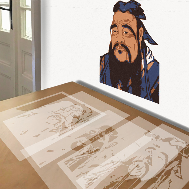 Confucius Graphic stencil in 5 layers, simulated painting