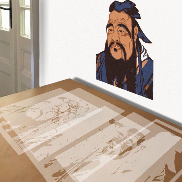 Confucius Graphic stencil in 5 layers, simulated painting