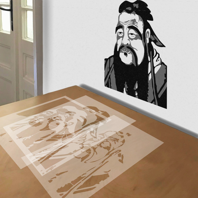 Confucius Graphic stencil in 3 layers, simulated painting