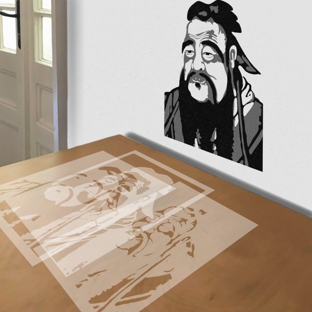 Confucius Graphic stencil in 3 layers, simulated painting