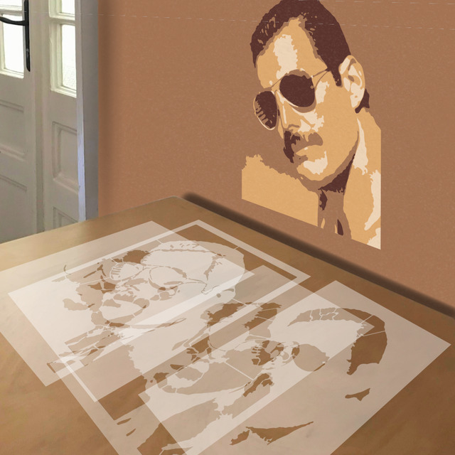 Freddie Mercury Sunglasses stencil in 4 layers, simulated painting