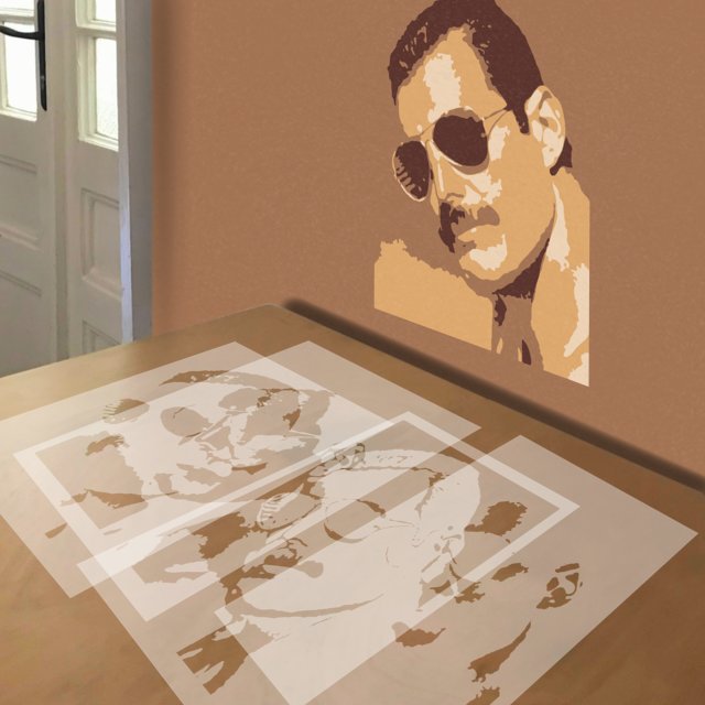 Freddie Mercury Sunglasses stencil in 4 layers, simulated painting