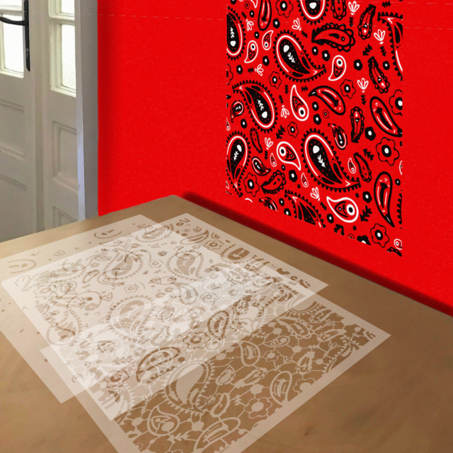 Bandanna Paisley stencil in 3 layers, simulated painting
