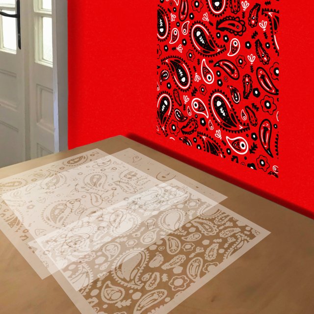 Bandanna Paisley stencil in 3 layers, simulated painting