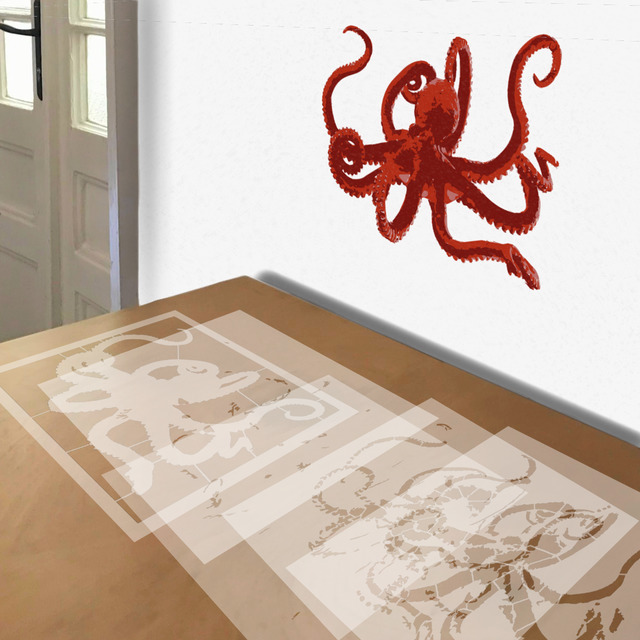 Red Octopus stencil in 5 layers, simulated painting