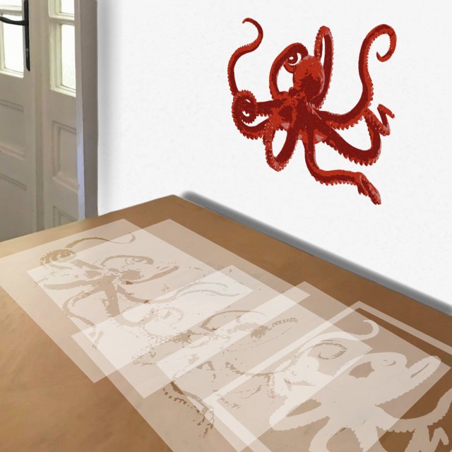 Red Octopus stencil in 5 layers, simulated painting