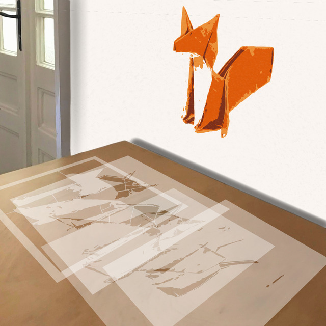 Origami Fox stencil in 4 layers, simulated painting