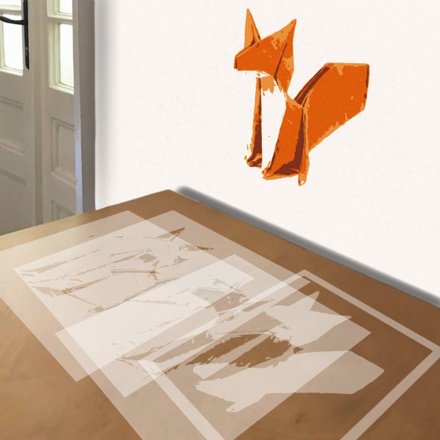 Origami Fox stencil in 4 layers, simulated painting