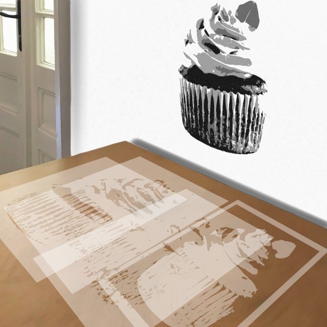 Cupcake stencil in 4 layers, simulated painting