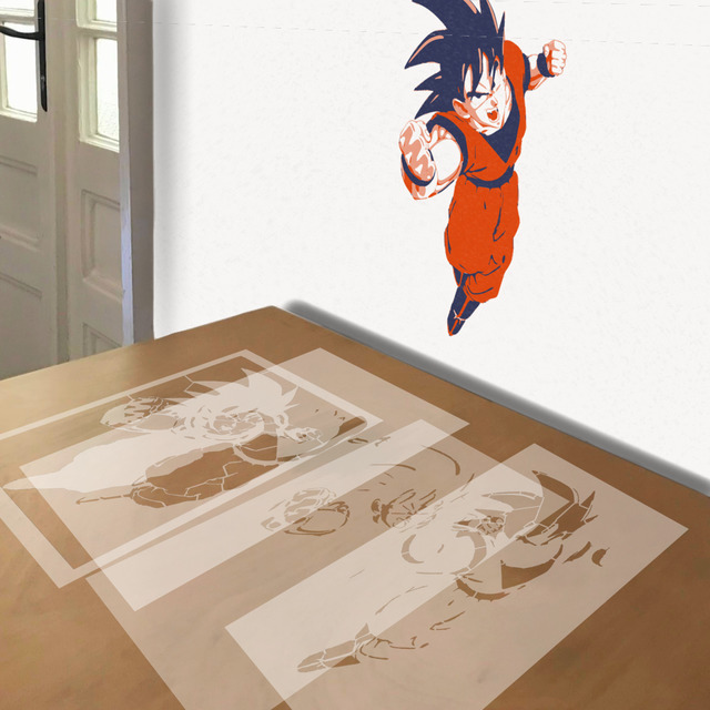 Goku stencil in 4 layers, simulated painting